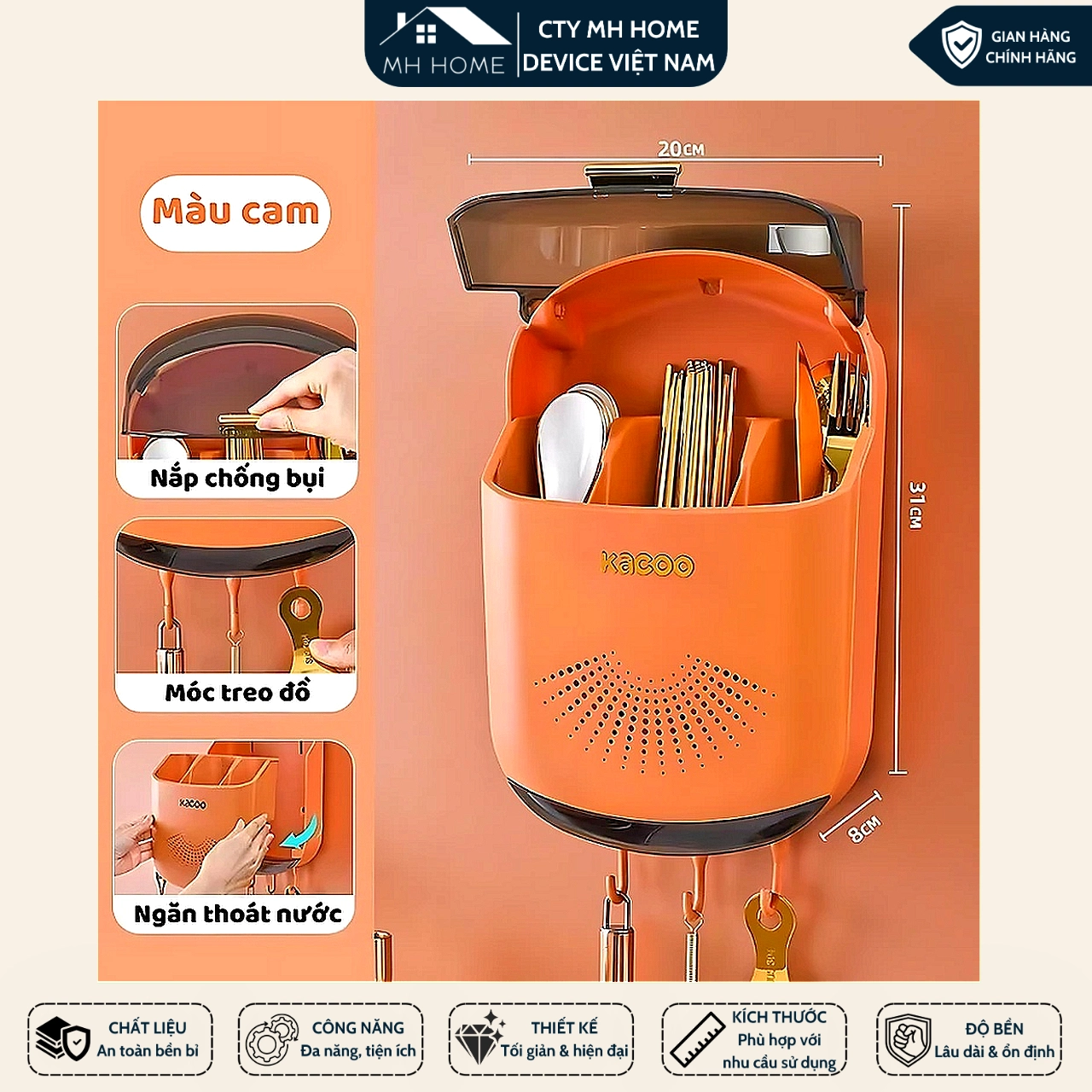 Ống Đũa Treo Tường Màu Kem Có Nắp Đậy Chống Bụi - Hộp Đựng Đũa Muỗng MH Home